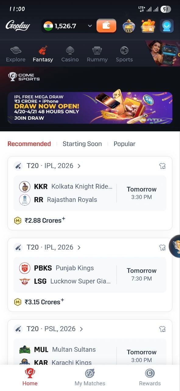 Come fantasy app dashboard with live IPL match and player stats