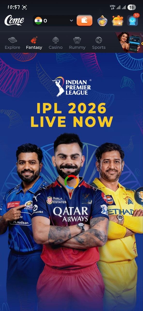 Come fantasy app interface showing IPL dream team selection